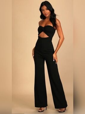 Lulu's All That She Wants Black Strapless Cutout Straight Leg Jumpsuit